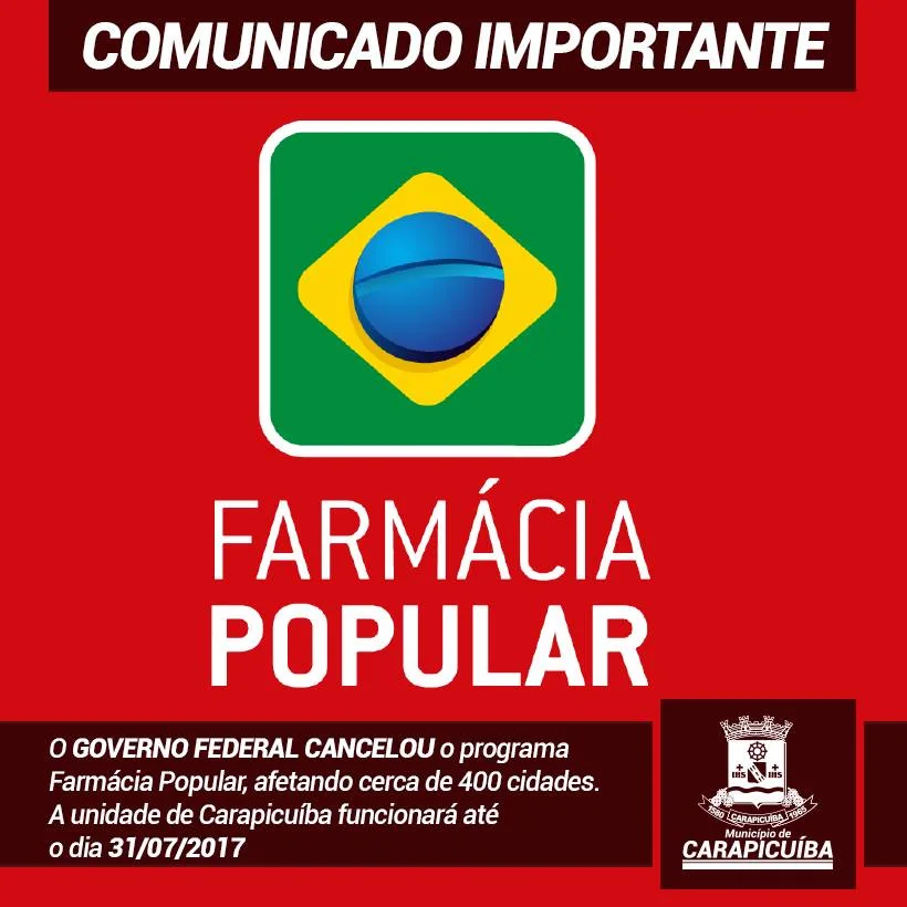 Farmácia Popular de Carapicuíba só funciona até o dia 31