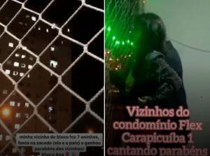 Vizinhos surpreendem criança que fez 7 anos com parabéns coletivo da sacada dos apartamentos em Carapicuíba