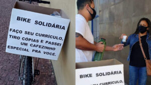bike solidária homem serve café na fila de emprego