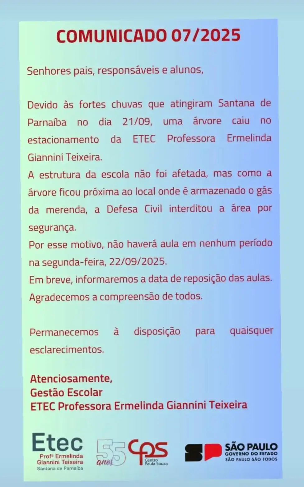 comunicado etec santana de parnaíba