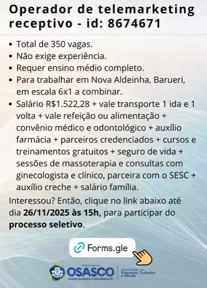 vagas operador de telemarketing portal do trabalhador oz